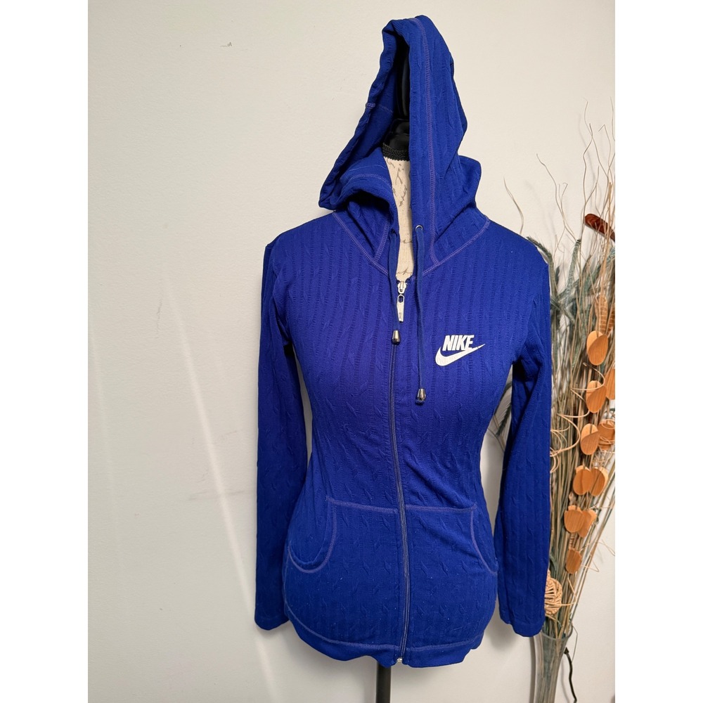 Nike Fit Womens Royal Blue Cable Knit Textured Full Zip Hoodie Small Logo